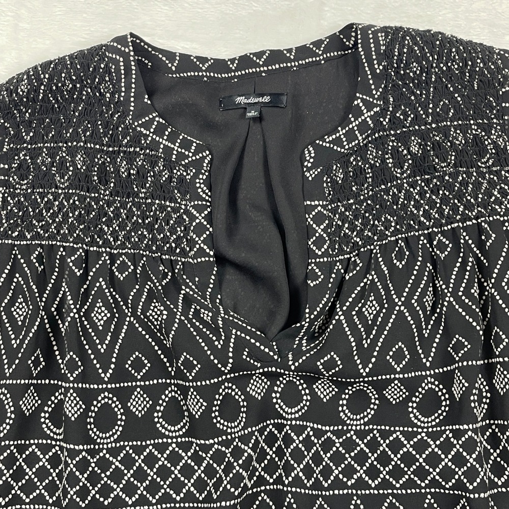 Madewell Black White Geometric Smocked V-Neck Shift Dress Size Medium Smocking - Picture 4 of 9